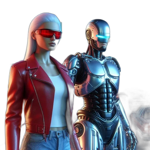 robot, jacket, cyberpunk, concept art, 3d render, comic book art, red, futuristic transparent PNG cut-out