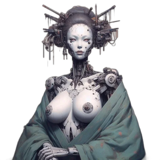 robot, dress, mask, jewelry, concept art, cyberpunk, fantasy art, comic book art transparent PNG cut-out