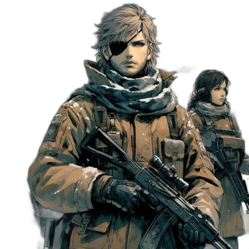 jacket, weapon, concept art, comic book art, pixel art, fantasy art, snow, earth tones transparent PNG cut-out