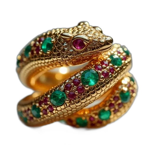 jewelry, crown, gold, snake, ring, made, emerald, red transparent PNG cut-out
