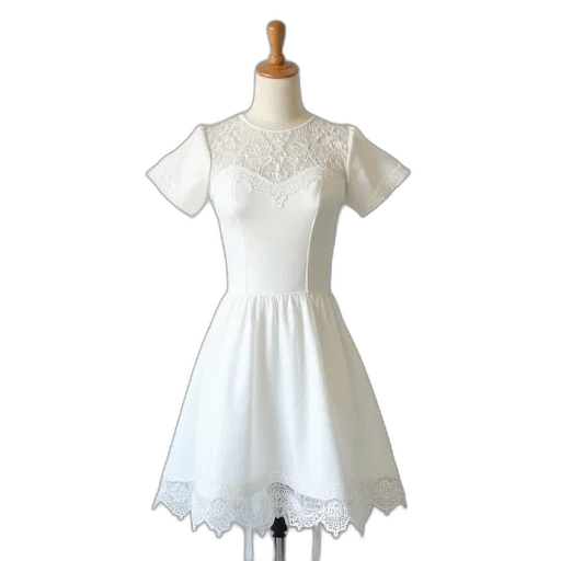 dress, white, lace-trimmed, fitted, bodice, flared, skirt, displayed transparent PNG cut-out
