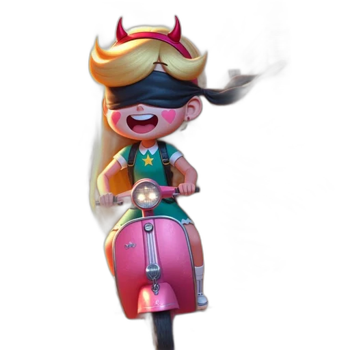 3d render, concept art, animated, figure, rides, pink, scooter, along transparent PNG cut-out