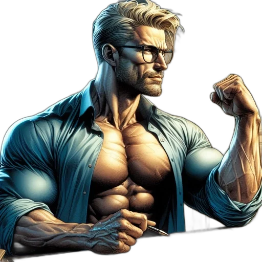 comic book art, concept art, cartoon, pixel art, muscular, man, blonde, hair transparent PNG cut-out