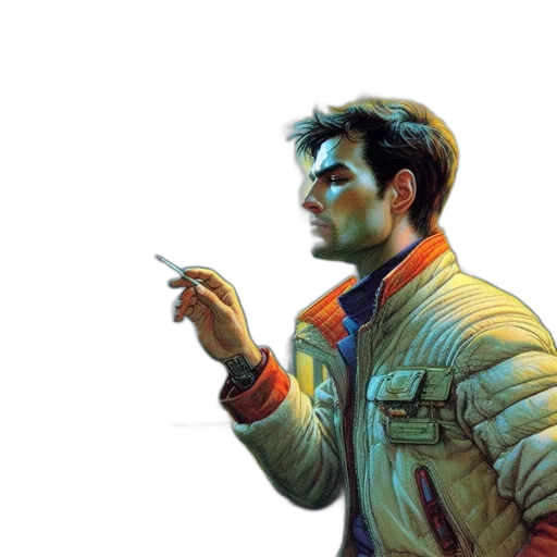 jacket, face, robot, weapon, comic book art, concept art, cyberpunk, photorealistic transparent PNG cut-out