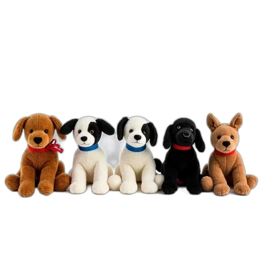 animal, collection, six, plush, toys, arranged, row, against transparent PNG cut-out