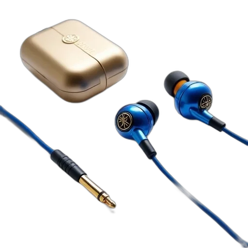 pair, earphones, blue, earbuds, gold-colored, microphone, connected, cable transparent PNG cut-out