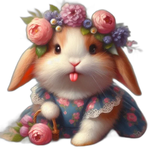 flower, photorealistic, oil painting, fantasy art, watercolor, cute, bunny, floral transparent PNG cut-out