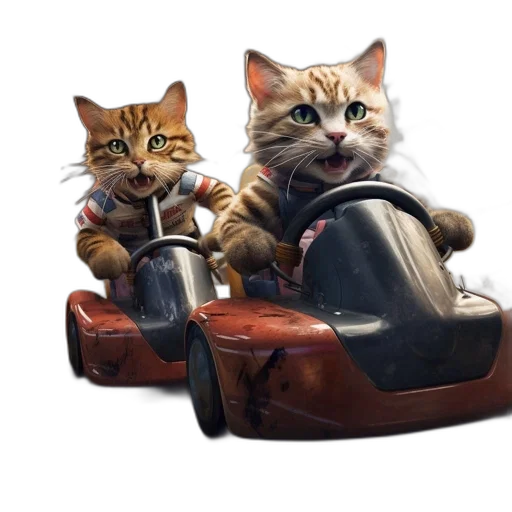 car, furniture, concept art, photorealistic, 3d render, two, anthropomorphic, cats transparent PNG cut-out