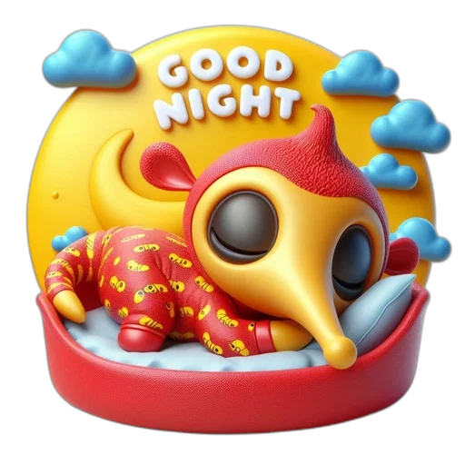 3d render, concept art, night, animated, yellow, creature, sleeps, red transparent PNG cut-out