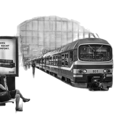 concept art, photorealistic, 3d render, city street, black, white, photo, train transparent PNG cut-out