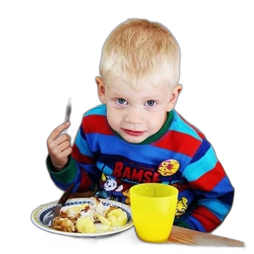 food, young, boy, striped, shirt, eating, dinner, table transparent PNG cut-out