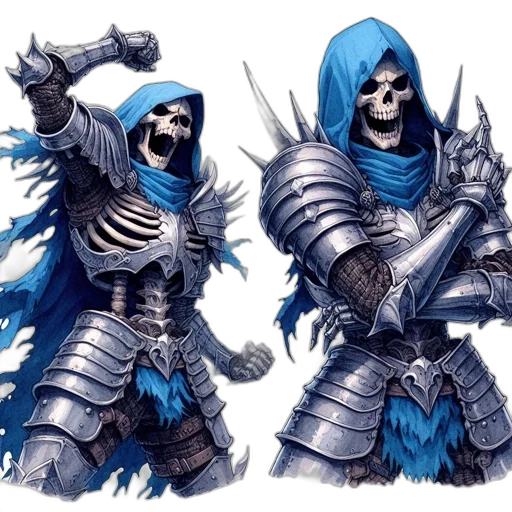 concept art, fantasy art, comic book art, 3d render, blue, monochrome, two, skeletal transparent PNG cut-out