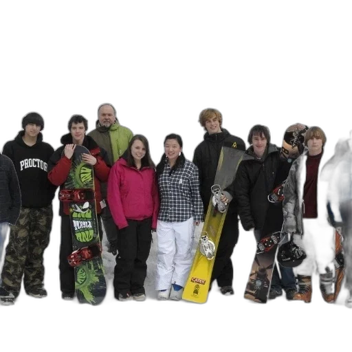 staff, group, snowboarders, pose, picture, snow transparent PNG cut-out