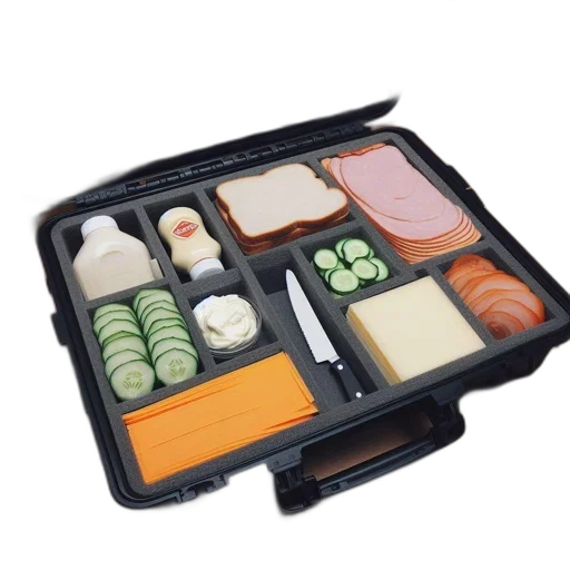 food, open, storage, case, displays, various, items, within transparent PNG cut-out