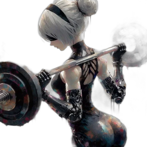 robot, weapon, cyberpunk, concept art, fantasy art, 3d render, woman, bun transparent PNG cut-out