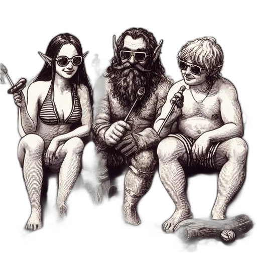 concept art, fantasy art, comic book art, pencil sketch, three, characters, woman, long transparent PNG cut-out