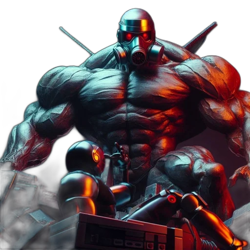 robot, weapon, comic book art, cyberpunk, concept art, pixel art, red, dark transparent PNG cut-out
