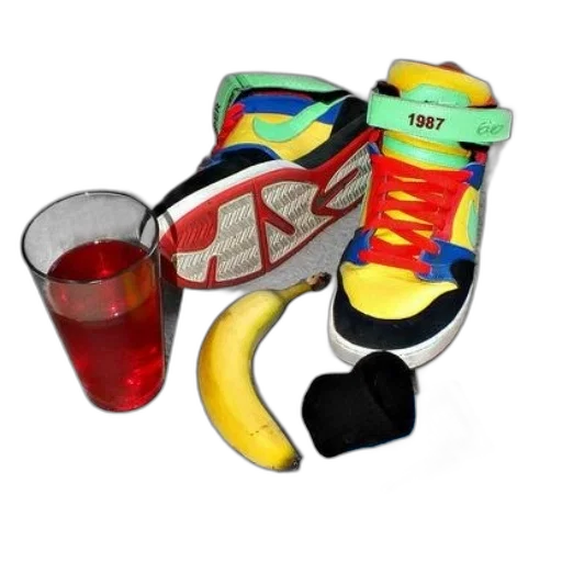 shoes, weapon, banana, glass, red, juice, pair, colorful transparent PNG cut-out