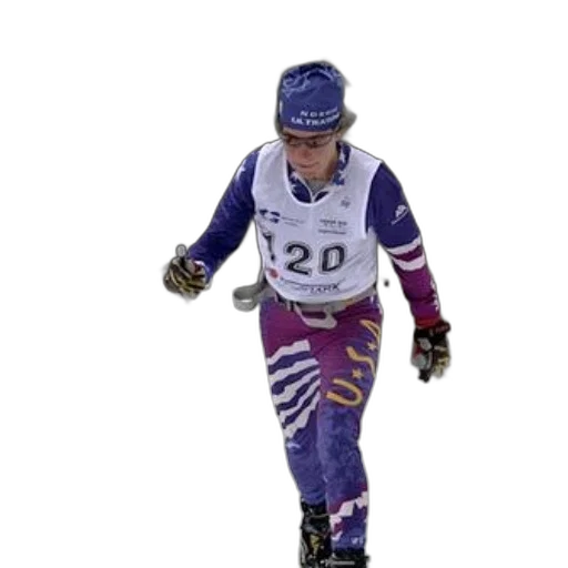 jacket, cross-country, skier, wearing, purple, white, uniform, number transparent PNG cut-out