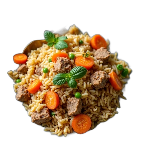 food, plate, rice, meat, vegetables, including, carrots, peas transparent PNG cut-out