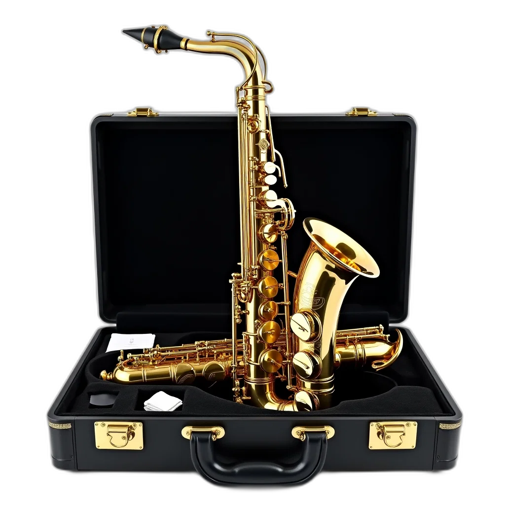 3d render, saxophone, displayed, bell, pointing, upwards, standing, upright transparent PNG cut-out