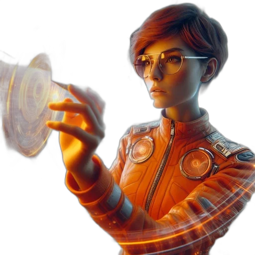 robot, staff, concept art, 3d render, comic book art, fantasy art, outer space, woman transparent PNG cut-out