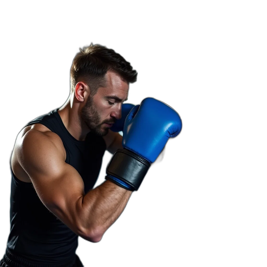 man, wearing, blue, boxing, gloves, punching, heavy, bag transparent PNG cut-out