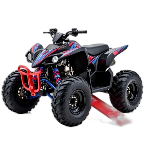 3d render, side, view, lifted, atv, red, ramp, attached transparent PNG cut-out