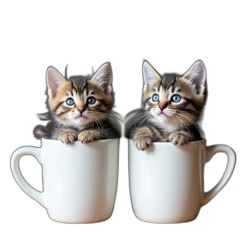 3d render, photorealistic, two, kittens, sitting, inside, white, coffee transparent PNG cut-out