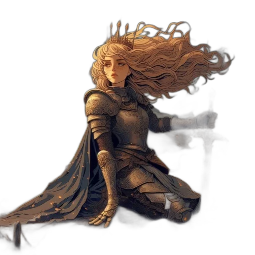sword, crown, dress, hair, fantasy art, concept art, watercolor, pixel art transparent PNG cut-out