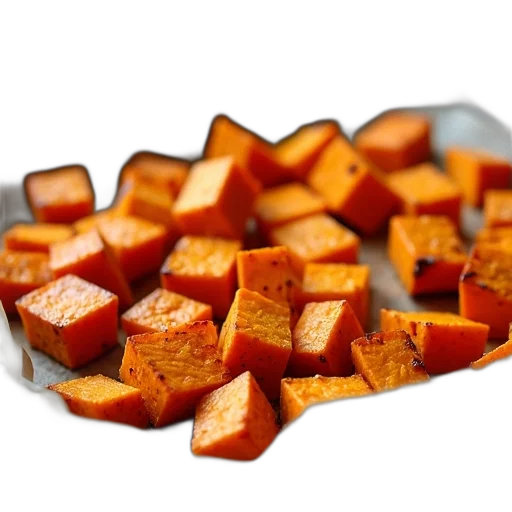 food, 3d render, tray, roasted, sweet, potato, cubes, placed transparent PNG cut-out