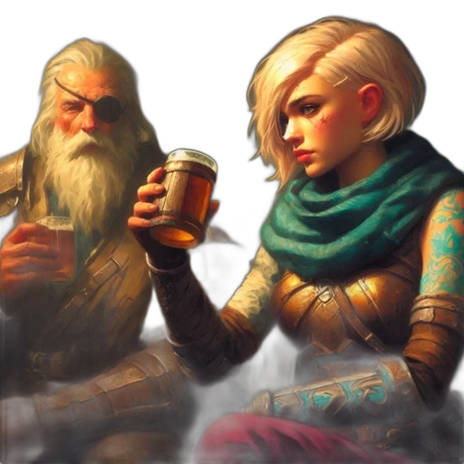 fantasy art, concept art, comic book art, pixel art, fire, golden, two, individuals transparent PNG cut-out