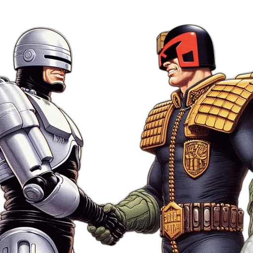 comic book art, concept art, robocop, judge, dredd, shake, hands, against transparent PNG cut-out