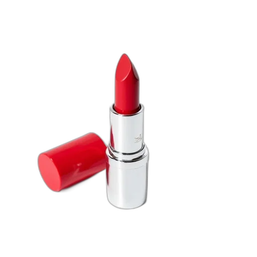 red, close-up, image, lipstick, cap, silver, tube, placed transparent PNG cut-out