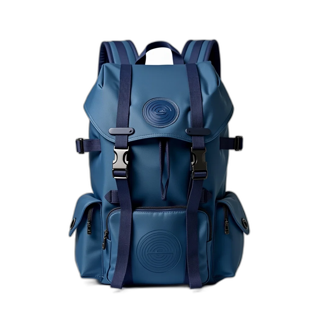 3d render, blue, backpack, circular, logo, front, pattern, concentric transparent PNG cut-out