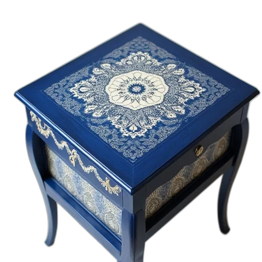 furniture, blue, side, table, indigo, white, lace, print transparent PNG cut-out