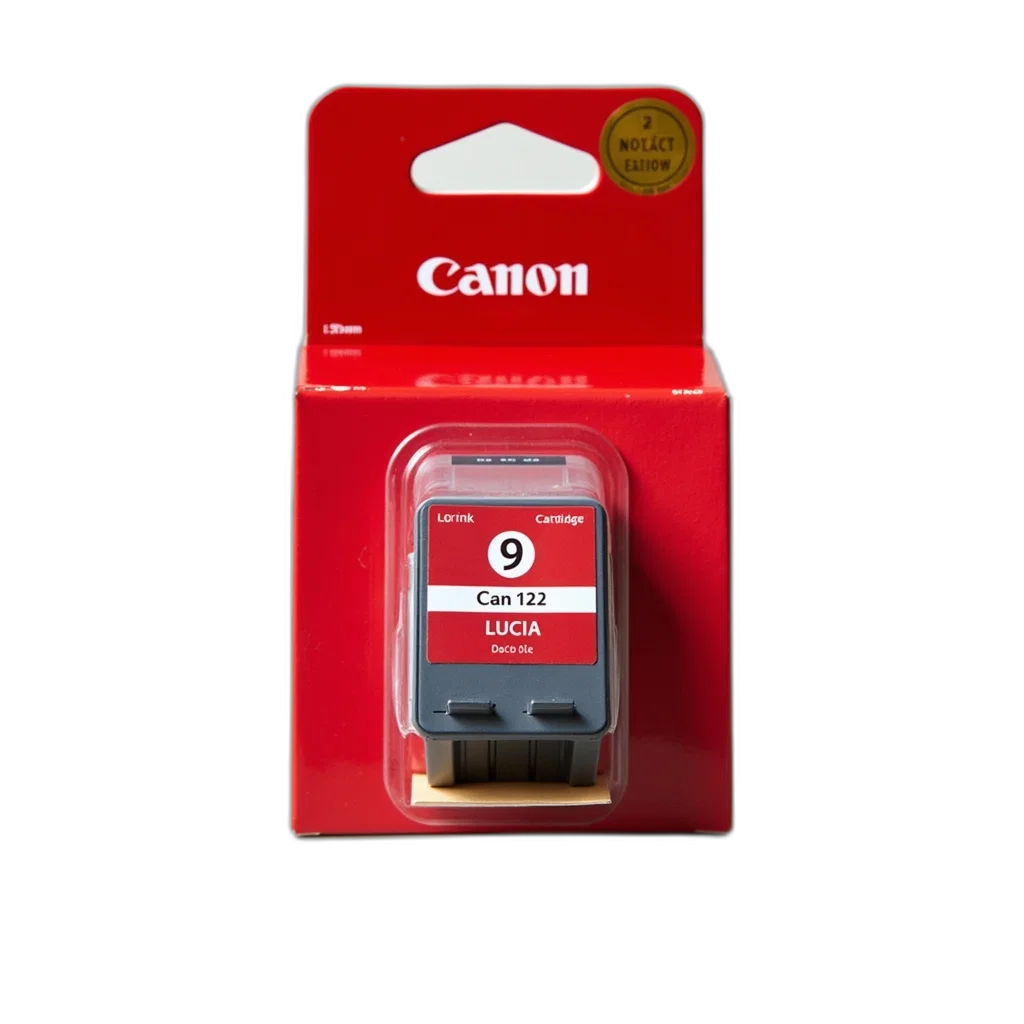 red, canon, ink, cartridge, box, gold, sticker, top transparent PNG cut-out