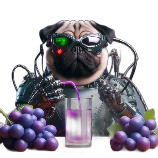 robot, animal, cyberpunk, 3d render, concept art, vaporwave, pug, dog transparent PNG cut-out