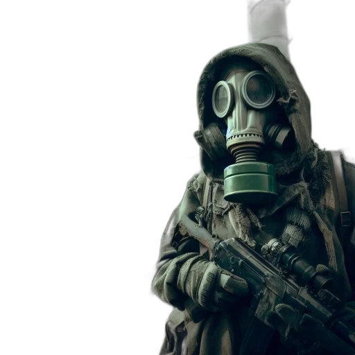 mask, jacket, concept art, cyberpunk, green, post-apocalyptic, world, figure transparent PNG cut-out
