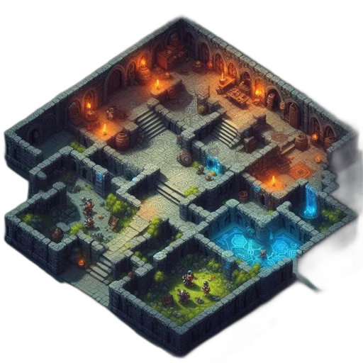 building, pixel art, concept art, 3d render, fantasy art, fire, fog, night transparent PNG cut-out