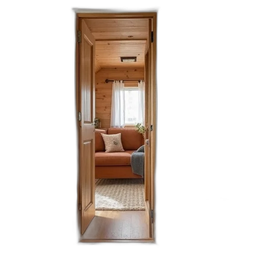 furniture, 3d render, earth tones, small, cozy, trailer, wooden, exterior transparent PNG cut-out