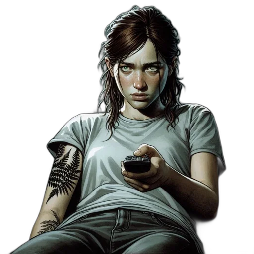 weapon, comic book art, concept art, cyberpunk, photorealistic, woman, sits, dimly transparent PNG cut-out