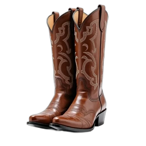shoes, pair, brown, cowboy, boots, intricate, designs, upper transparent PNG cut-out
