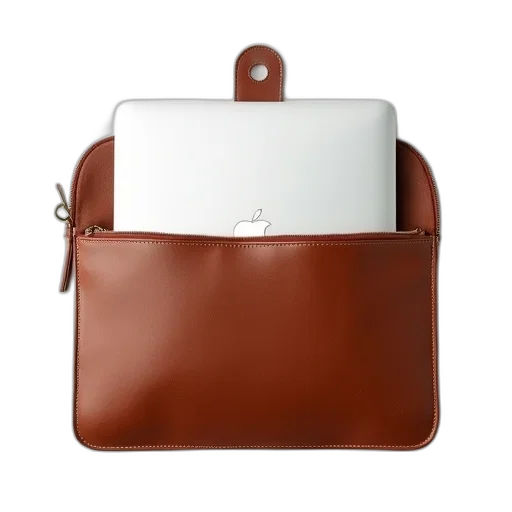 brown, leather, laptop, sleeve, white, interior, open, displaying transparent PNG cut-out