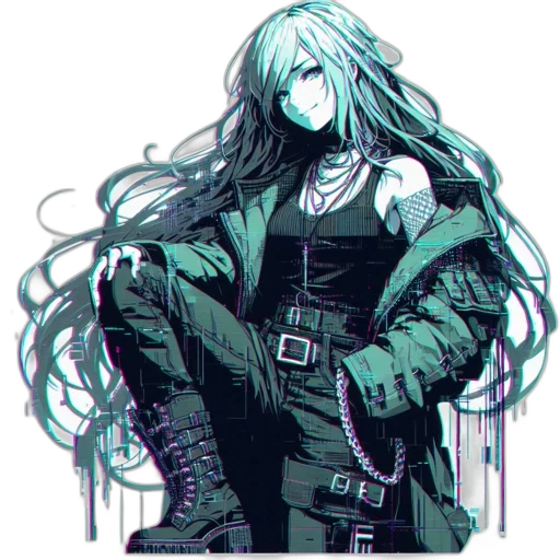 jacket, staff, hair, weapon, cyberpunk, concept art, pixel art, comic book art transparent PNG cut-out