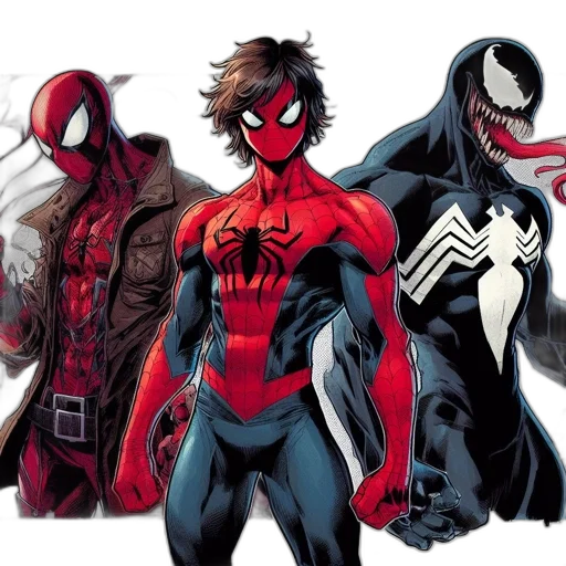 comic book art, concept art, cartoon, three, unique, renditions, spider-man, appear transparent PNG cut-out