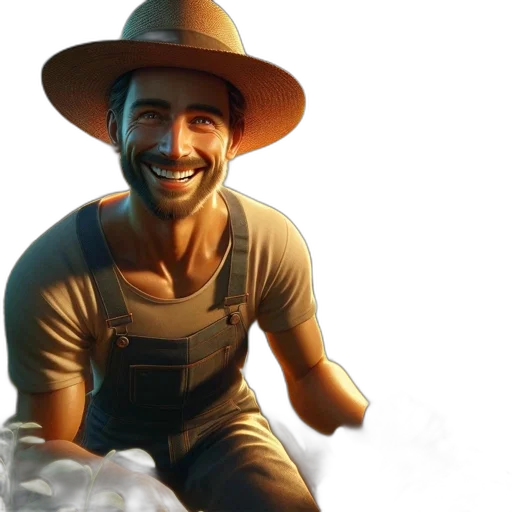 hat, concept art, photorealistic, 3d render, comic book art, farmer, smiles, while transparent PNG cut-out