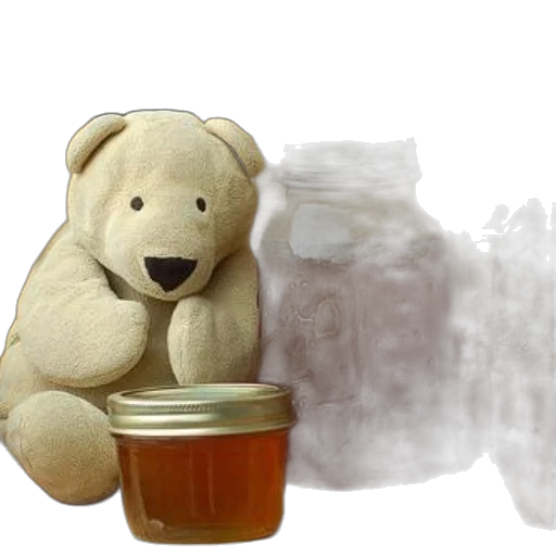 stuffed, bear, sits, next, jars, honey, wooden, shelf transparent PNG cut-out