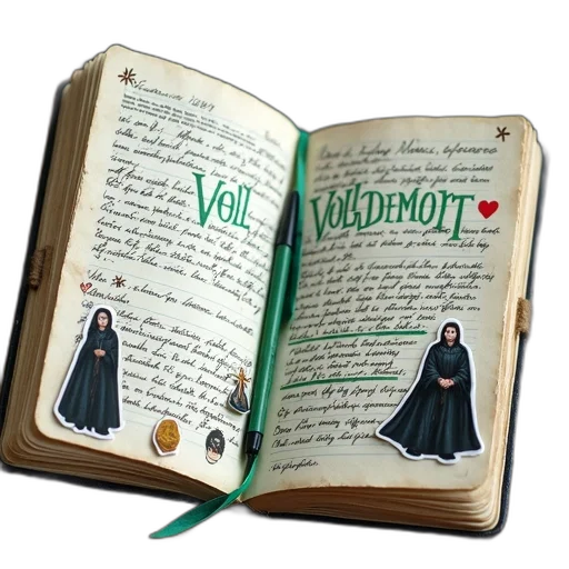 concept art, notebook, cover, reads, voldemort, green, marker, pages transparent PNG cut-out