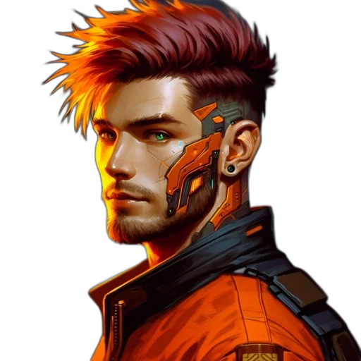 jacket, face, cyberpunk, concept art, comic book art, fantasy art, red, neon transparent PNG cut-out